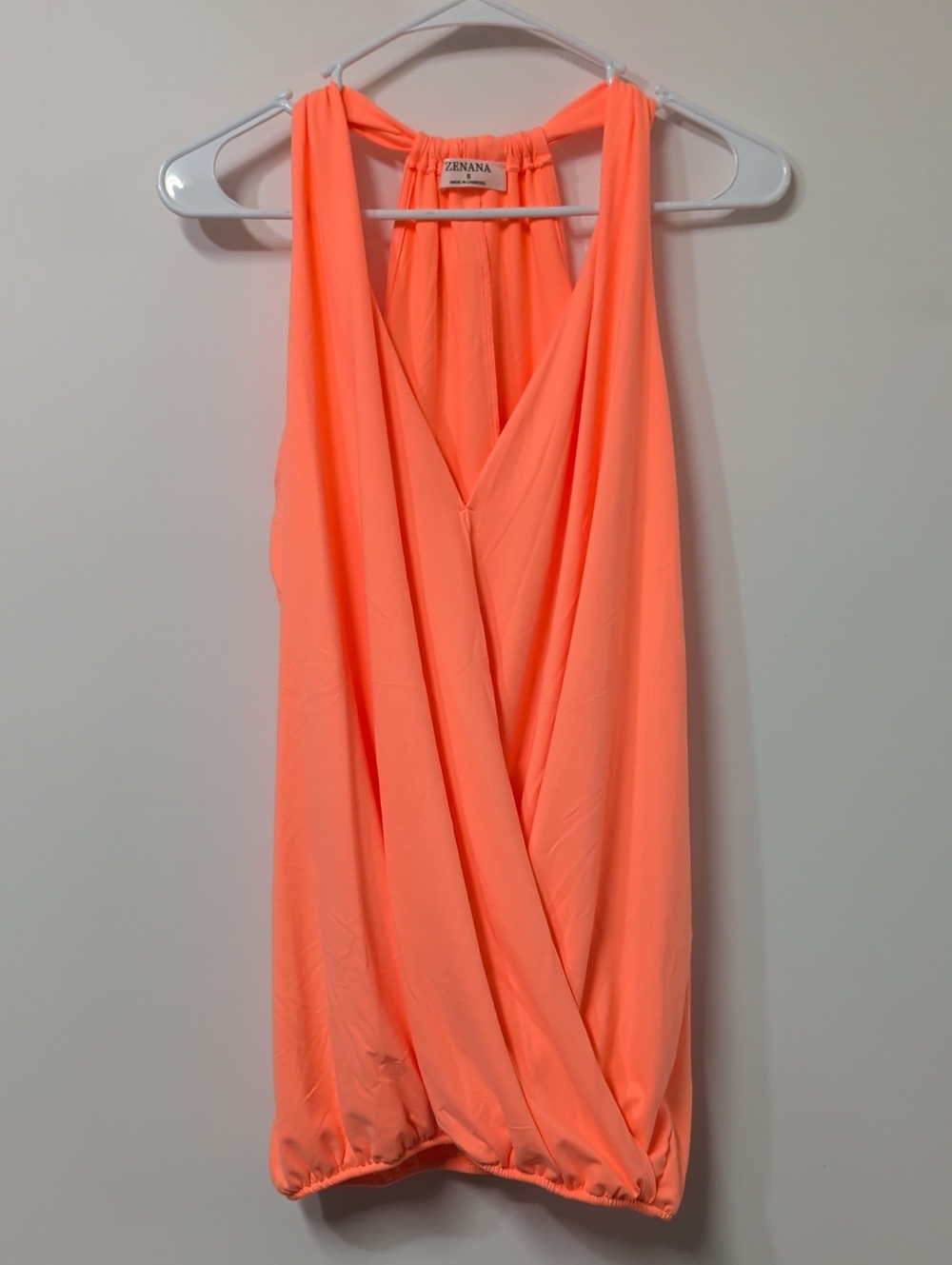 Zenana Neon Coral Surplice Drape Halter Tank Top